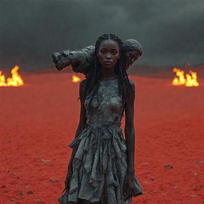 The primary subject of the image is a woman standing in a desert-like environment. She is wearing a dress and has a statue of a man on her back. The setting is a red, sandy area with a few small fires visible in the background. The visual style of the image is a combination of photo and digital art, creating a unique and intriguing scene. The colors and mood of the image are dominated by the red hues of the sand and the warm, arid atmosphere.